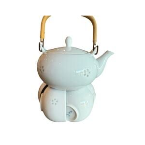 Vintage Japanese Porcelain Tea Set Blue with Orange Floral Teapot & 5 Cups